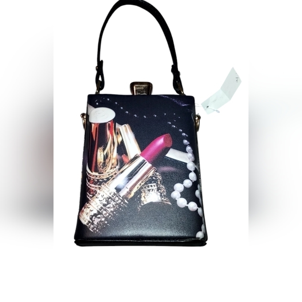 Retro Design Black Petite Lipstick Flair Hand Tote with Single Carry Strap